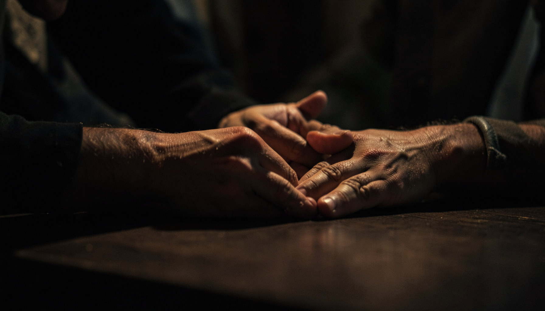 Close-up of hands resting on a table during a peer-support session, dark moody lighting with warm accents