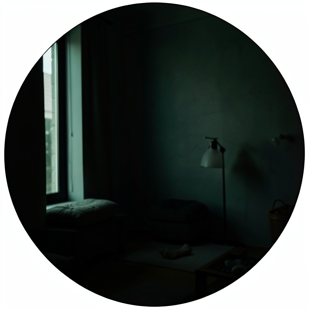 A dark circular photograph suggesting a quiet meditation or wellness practice space, deep muted greens and charcoal