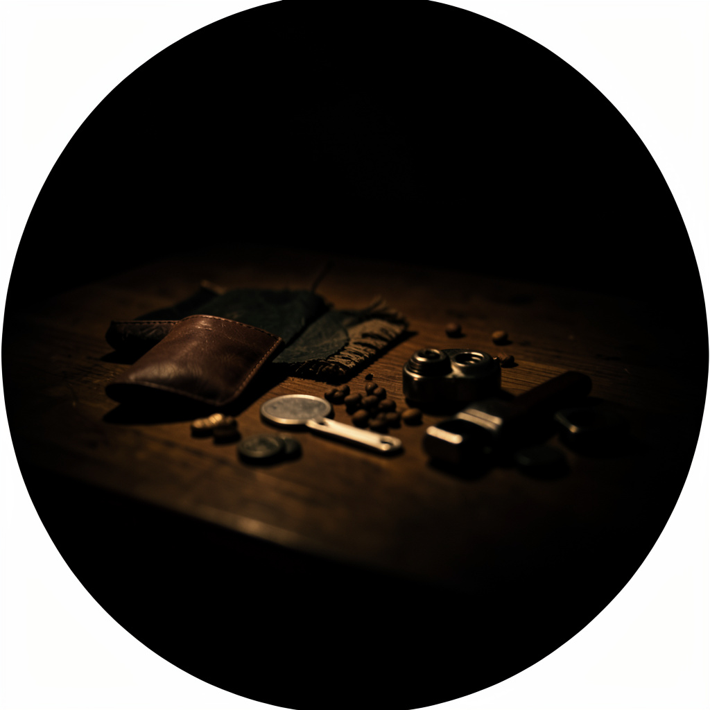 A dark circular photograph of resource materials on a table, low-key lighting with subtle warm highlights