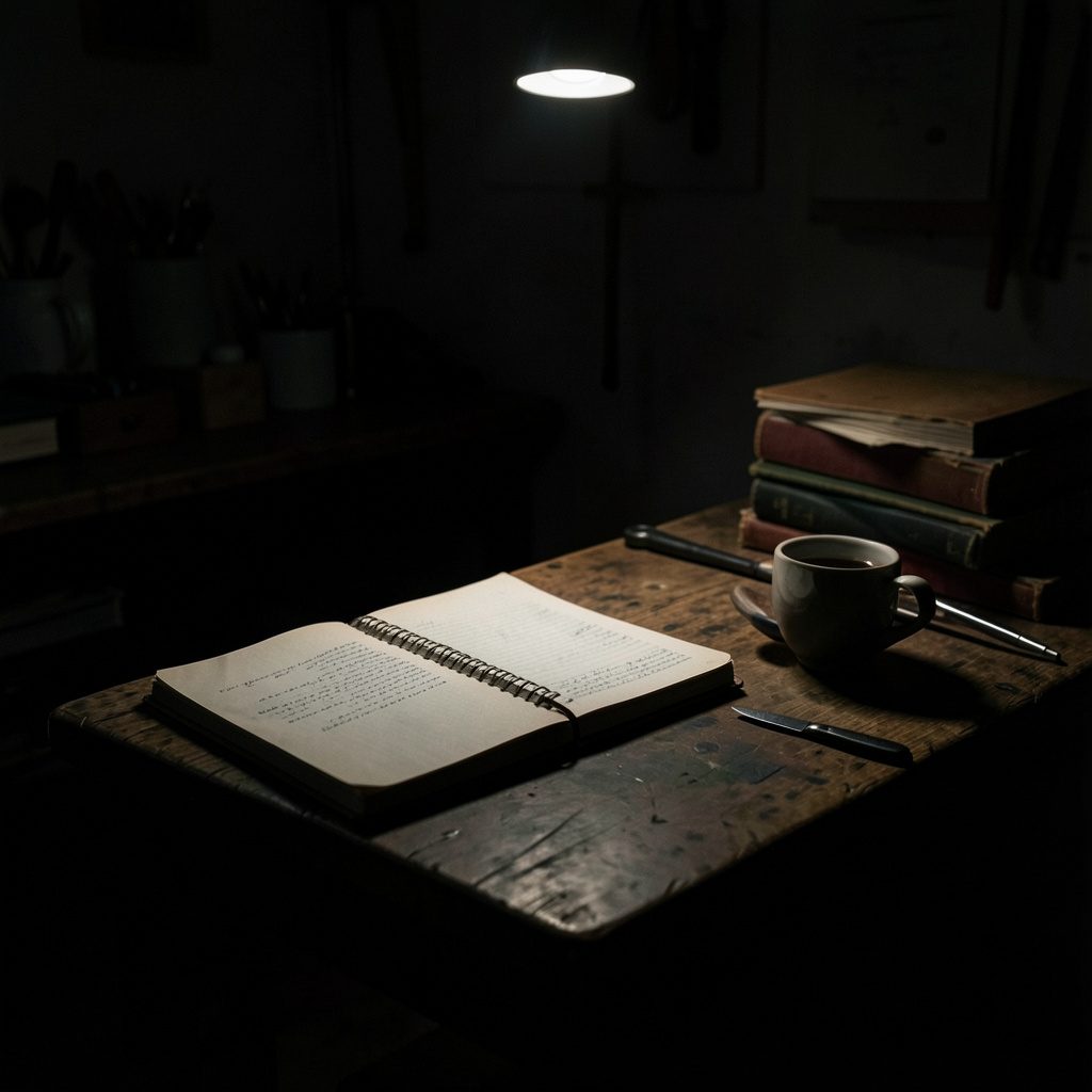A dark square photograph of a quiet workshop setting with notebooks and coffee, low-key lighting