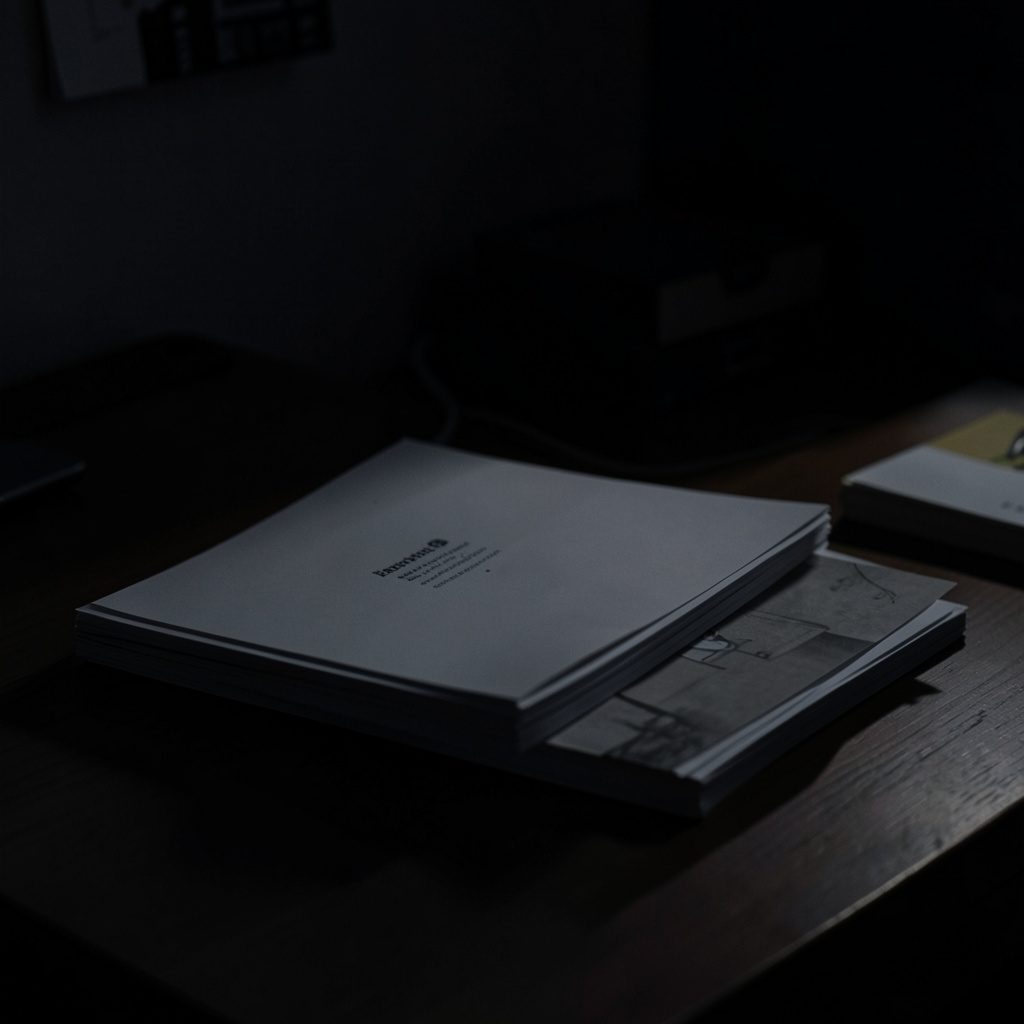 A dark square photograph of printed resource materials stacked on a desk, deep charcoal tones